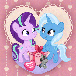 Size: 3494x3480 | Tagged: safe, artist:amynewblue, smarty pants, starlight glimmer, trixie, pony, unicorn, g4, bipedal, bipedal leaning, duo, female, heart, hearts and hooves day, holiday, horn, leaning, lesbian, love, mare, present, ship:startrix, shipping, unshorn fetlocks, valentine, valentine's day