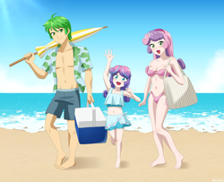 Size: 1200x975 | Tagged: safe, artist:riouku, princess flurry heart, spike, sweetie belle, human, g4, beach, bikini, clothes, commission, commissioner:vatobot17, female, humanized, male, ocean, older, older flurry heart, older spike, older sweetie belle, sand, ship:spikebelle, shipping, straight, swimsuit, uncle spike, water