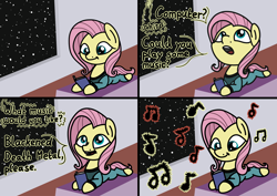 Size: 2048x1448 | Tagged: safe, artist:ewoudcponies, fluttershy, pegasus, pony, g4, 4 panel comic, book, clothes, comic, death metal, dialogue, female, looking up, lying down, mare, metalshy, music notes, open mouth, prone, reading, solo, space, spaceship, sploot, uniform