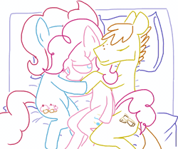 Size: 867x724 | Tagged: safe, artist:weaver, carrot cake, cup cake, pinkie pie, earth pony, g4, bed, partial color, pillow