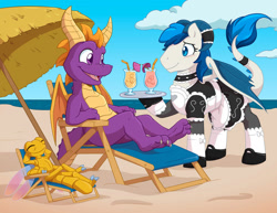 Size: 1280x990 | Tagged: safe, artist:chaoskomori, oc, oc:feathertrap, dracony, dragon, dragonfly, hybrid, insect, apron, arm behind head, beach, beach chair, blush lines, blushing, chair, choker, clothes, commission, crossdressing, crossover, dracony oc, dress, drink, eyes closed, looking at each other, looking at someone, maid, male, open mouth, open smile, parasol (umbrella), relaxing, shoes, smiling, socks, sparx the dragonfly, spyro the dragon, spyro the dragon (series), tray, trio, trio male