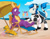 Size: 1280x990 | Tagged: safe, artist:chaoskomori, oc, oc:feathertrap, dracony, dragon, dragonfly, hybrid, insect, apron, arm behind head, beach, beach chair, blush lines, blushing, chair, choker, clothes, commission, crossdressing, crossover, dracony oc, dress, drink, eyes closed, looking at each other, looking at someone, maid, male, open mouth, open smile, outdoors, parasol (umbrella), relaxing, shoes, smiling, socks, sparx the dragonfly, spyro the dragon, spyro the dragon (series), tray, trio, trio male