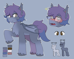 Size: 5000x4000 | Tagged: safe, alternate version, artist:vital, oc, oc only, bat pony, bat pony oc, chest fluff, color palette, commission, cute, cute little fangs, fangs, glasses, height scale, leg fluff, not porn, raised hoof, reference sheet, unshorn fetlocks