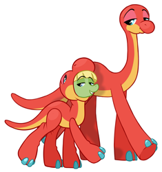 Size: 2705x2873 | Tagged: safe, artist:wtfponytime, dinosaur, earth pony, pony, bowl cut, bron the dinosaur, colt, crossover, duo, foal, lanky, male, onesie, ponified, poppy playtime, short hair, simple background, skinny, stallion, tall, thin, white background