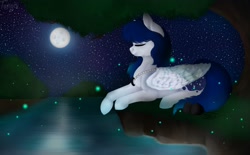 Size: 2000x1242 | Tagged: safe, artist:dorry, oc, oc only, pegasus, pony, eyes closed, female, female oc, folded wings, full moon, lying down, mare oc, moon, night, old art, outdoors, pegasus oc, prone, river, side view, signature, solo, stars, water, wings