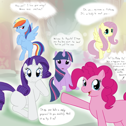 Size: 1500x1500 | Tagged: safe, artist:nidoranity, fluttershy, pinkie pie, rainbow dash, rarity, twilight sparkle, earth pony, pegasus, unicorn, g4, horn, speech bubble