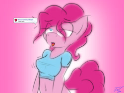 Size: 1280x958 | Tagged: safe, artist:tnd, pinkie pie, anthro, g4, open mouth, pink background, signature, simple background, tongue out