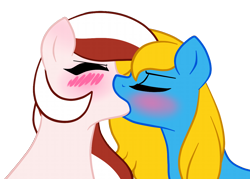 Size: 1280x919 | Tagged: safe, artist:furrgroup, oc, oc only, oc:internet explorer, oc:opera, earth pony, pony, ask internet explorer, blushing, browser ponies, duo, duo female, eyes closed, female, internet explorer, kiss on the lips, kissing, lesbian, mare, simple background, transparent background