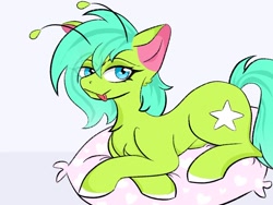 Size: 1024x768 | Tagged: safe, oc, oc only, oc:starzie, alien, alien pony, female, gift art, pillow, solo, tongue out