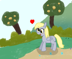 Size: 1491x1230 | Tagged: safe, anonymous artist, derpy hooves, pegasus, pony, g4, female, folded wings, happy, heart, mare, open mouth, open smile, outdoors, smiling, solo, tree, wings