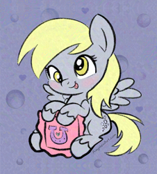 Size: 1984x2192 | Tagged: safe, artist:amynewblue, derpy hooves, pegasus, pony, g4, blonde hair, blushing, cross-eyed, holiday, pillow, signature, simple background, sitting, solo, spread wings, tongue out, valentine's day, wings