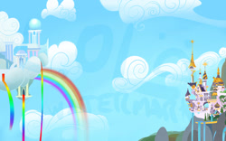 Size: 1638x1024 | Tagged: safe, artist:javkiller, canterlot, cloud, cloudsdale, rainbow, sky, wallpaper, water, waterfall, watermark