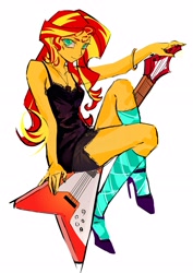 Size: 2480x3508 | Tagged: safe, artist:qianhe498, sunset shimmer, human, equestria girls, g4, bracelet, clothes, electric guitar, female, guitar, guitar pick, high heels, high res, jewelry, kneesocks, looking at you, musical instrument, necklace, shoes, simple background, sitting, smiling, smiling at you, socks, solo, white background