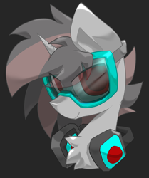 Size: 2900x3463 | Tagged: safe, artist:scarshine, oc, oc only, oc:osoliang, unicorn, goggles, gray background, gray coat, headphones, high res, horn, male, side view, simple background, smiling