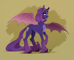 Size: 4693x3809 | Tagged: safe, artist:birdoffnorth, oc, oc only, bat pony, pony, absurd resolution, bat pony oc, chest fluff, ear fluff, ear tufts, grin, hock fluff, lidded eyes, raised hoof, smiling, solo, unshorn fetlocks