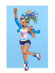 Size: 3000x4000 | Tagged: safe, artist:syedfaizart, kotobukiya, rainbow dash, human, g4, female, fist, goggles, goggles on head, grin, high res, humanized, kotobukiya rainbow dash, passepartout, raised arm, raised leg, smiling, solo