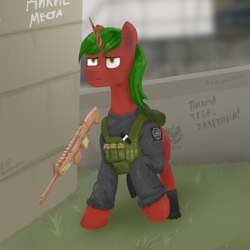 Size: 1000x1000 | Tagged: safe, artist:chgnk3r, oc, oc:clockwork device, pony, unicorn, armor, clothes, detailed background, green eyes, gun, horn, lineless, magic, military uniform, uniform, weapon