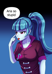 Size: 1683x2382 | Tagged: safe, artist:syedfaizart, sonata dusk, human, equestria girls, g4, breasts, busty sonata dusk, eyelid pull, female, gradient background, pun, solo, speech bubble, tongue out