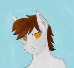 Size: 2609x2392 | Tagged: safe, artist:kokopingas98, oc, oc only, oc:anthon, pegasus, pony, semi-anthro, brown mane, bust, digital art, gray coat, lidded eyes, looking at you, orange eyes, ponysona, simple background, smiling, smiling at you, solo