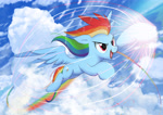 Size: 3508x2480 | Tagged: safe, artist:neoshrek, rainbow dash, pegasus, pony, g4, cloud, female, flying, horn, mare, open mouth, open smile, outdoors, rainbow tail, smiling, solo, spread wings, tail, wings, wrong eye color