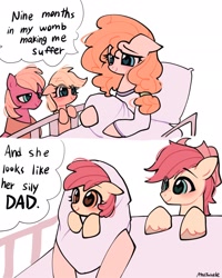 Size: 1638x2048 | Tagged: safe, artist:petaltwinkle, apple bloom, applejack, big macintosh, bright mac, pear butter, earth pony, pony, g4, 2 panel comic, baby, baby apple bloom, bed, clothes, colt, comic, female, filly, foal, freckles, hair tie, heart, heart eyes, holding, long sleeved shirt, long sleeves, male, mare, meme, pillow, ponified meme, shirt, signature, simple background, smiling, speech bubble, stallion, unshorn fetlocks, white background, wingding eyes, yoke, younger