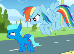 Size: 3256x2384 | Tagged: safe, artist:memeartboi, rainbow dash, pegasus, pony, g4, 20% cooler, awesome, collaboration, colt, crossover, cute, determination, determined, determined look, determined smile, duo, duo male and female, element of loyalty, female, flying, foal, gumball watterson, male, mare, multicolored hair, ponified, rainbow hair, rainbow tail, smiling, spread wings, standing, tail, the amazing world of gumball, wings