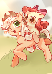 Size: 2480x3508 | Tagged: safe, artist:izuchi, apple bloom, applejack, earth pony, pony, g4, ;d, apple bloom riding applejack, apple sisters, bandage, bandaged leg, bow, duo, duo female, female, filly, foal, grass, hair bow, hair tie, hat, mare, one eye closed, open mouth, open smile, siblings, sisters, smiling, stars, tail tie, teary eyes, wink