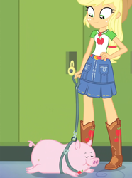 Size: 1720x2314 | Tagged: safe, composite screencap, edit, edited screencap, screencap, applejack, human, pig, a queen of clubs, equestria girls, g4, my little pony equestria girls: better together, applejack's hat, boots, clothes, cowboy boots, cowboy hat, female, geode of super strength, hat, magical geodes, shoes, skirt