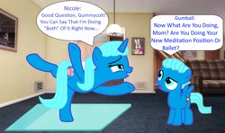 Size: 4500x2665 | Tagged: safe, artist:memeartboi, pegasus, pony, unicorn, g4, balancing, ballerina, ballet, carpet, colt, confused, cute, duo, duo male and female, female, foal, grin, gumball watterson, heart, horn, indoors, little boy, male, mare, mother, mother and child, mother and son, nicole watterson, open mouth, pegasus wings, ponified, smiling, speech bubble, spread wings, standing, text, the amazing world of gumball, unicorn horn, wings