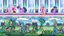 Size: 3840x2160 | Tagged: safe, princess cadance, queen chrysalis, trixie, twilight sparkle, alicorn, insect, ladybug, comic:of kings and changelings, g4, my little pony: friendship is magic, season 3, the crystal empire, duchess chrysalis, glowing, glowing horn, horn, indoors, magic, mirror universe, outdoors, reversalis, sunshine sunshine, wings