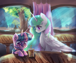 Size: 3000x2500 | Tagged: safe, artist:aquagalaxy, princess celestia, twilight sparkle, alicorn, pony, unicorn, g4, :t, backlighting, burger, cute, drink, eating, female, filly, filly twilight sparkle, foal, food, hay burger, horn, missing accessory, momlestia, smiling, twiabetes, twilight burgkle, younger