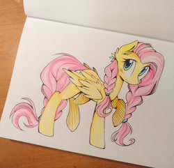 Size: 1061x1024 | Tagged: safe, artist:ten-dril, fluttershy, pegasus, pony, g4, alternate hairstyle, blushing, braid, cute, ear fluff, female, flower, flower in hair, pigtails, shyabetes, solo, traditional art