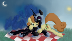 Size: 2872x1632 | Tagged: safe, artist:oliverthepanda, carrot top, golden harvest, nightmare moon, alicorn, earth pony, pony, g4, armor, bedroom eyes, blanket, blushing, carrotmoon, crack shipping, female, helmet, lesbian, mare, moon, nicemare moon, picnic, picnic blanket, shipping, sun