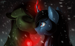 Size: 2529x1581 | Tagged: safe, artist:das_leben, oc, oc only, pony, unicorn, black mane, blue coat, blue eyes, crying, eyes closed, female, green coat, heart, horn, magic, male, mare, shipping, snow, snowfall, stallion, straight