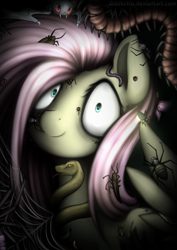 Size: 2480x3507 | Tagged: safe, artist:jadekettu, fluttershy, bat, cockroach, cricket (insect), insect, millipede, pegasus, pony, snake, spider, every little thing she does, g4, my little pony: friendship is magic, black background, bug armor, creepy, dark, female, fiducia compellia, hypnoshy, hypnosis, hypnotized, looking at you, shrunken pupils, simple background, smiling, solo, spider web, wide eyes