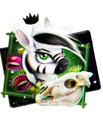 Size: 1929x2298 | Tagged: safe, artist:lailyren, oc, oc only, pony, zebra, bust, crown, facial markings, female, frame, jewelry, plant, regalia, simple background, skull, solo, sundew, transparent background