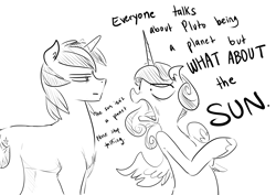 Size: 2866x2024 | Tagged: safe, artist:glacierclear, princess cadance, shining armor, alicorn, pony, unicorn, g4, angry, dialogue, faic, female, horn, male, mare, monochrome, open mouth, pluto (planet), princess bitchdance, princess cadense, sketch, stallion, too dumb to live, yelling