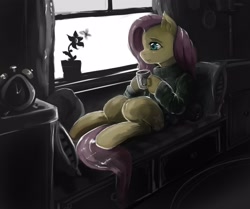 Size: 2852x2388 | Tagged: safe, artist:dozer, fluttershy, butterfly, g4, bottomless, clothes, cute, female, flower, fluffy, hoof hold, mug, nudity, partial nudity, sitting, smiling, solo, sweater, sweatershy, watching, window