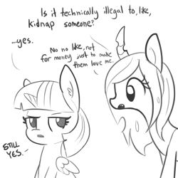 Size: 1650x1650 | Tagged: safe, artist:tjpones, queen chrysalis, twilight sparkle, alicorn, changeling, changeling queen, pony, g4, cute, cutealis, dialogue, duo, duo female, female, lineart, mare, missing horn, monochrome, sketch, twilight sparkle (alicorn)