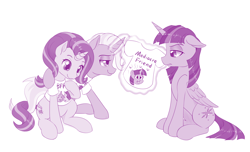 Size: 1316x800 | Tagged: safe, artist:dstears, starlight glimmer, trixie, twilight sparkle, alicorn, pony, unicorn, g4, my little pony: friendship is magic, to where and back again, :3, :p, bff, clothes, counterparts, cross-eyed, cute, eye contact, floppy ears, frown, glare, glimmerbetes, horn, hug, levitation, lidded eyes, looking at each other, looking at someone, magic, monochrome, shirt, simple background, sitting, smiling, smirk, telekinesis, tongue out, trio, twilight sparkle (alicorn), twilight sparkle is not amused, twilight's counterparts, unamused, white background