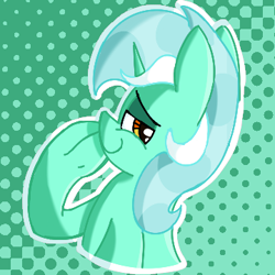 Size: 360x360 | Tagged: safe, artist:starbounce, lyra heartstrings, pony, unicorn, g4, abstract background, behind, bust, cel shading, female, halftone, horn, looking at you, looking back, mare, outline, shading, smug, solo