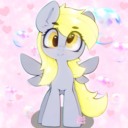 Size: 2048x2048 | Tagged: safe, artist:zokkili, derpy hooves, pegasus, pony, g4, bubble, eye clipping through hair, female, front view, heart, smiling, solo, spread wings, wings