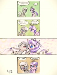 Size: 1536x2048 | Tagged: safe, artist:almaska, artist:ecmajor, diamond tiara, silver spoon, earth pony, pony, tumblr:teatimetiara, g4, blushing, comic, cute, dialogue, eyes closed, female, filly, floating heart, foal, heart, kissing, lesbian, ship:silvertiara, shipping, toy ship