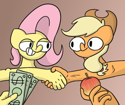 Size: 1612x1356 | Tagged: safe, artist:switchy, applejack, fluttershy, earth pony, pegasus, anthro, g4, apple, duo, female, food, gradient background, handshake, money, suddenly hands, wat