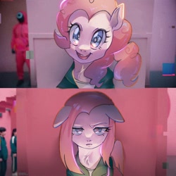 Size: 680x680 | Tagged: safe, artist:g5p7r, pinkie pie, earth pony, pony, g4, :d, clothes, female, mare, open mouth, open smile, pinkamena diane pie, serious, smiling, sparkles, sparkly eyes, squid game, squid game 2, tracksuit, wingding eyes