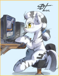 Size: 1700x2200 | Tagged: safe, artist:alts-art, oc, oc only, oc:ziggy, oc:ziggy stardust, hybrid, pony, zebroid, zony, blue background, colored sketch, computer, desk, desktop, female, jojo reference, keyboard, monitor, signature, simple background, sitting, sketch, solo, stool, stylus, typing