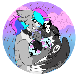 Size: 1280x1252 | Tagged: safe, artist:shamy-crist, oc, oc only, oc:inky egg, oc:spiral light, draconequus, pegasus, chocolate, chocolate rain, female, food, heart, male, mare, outdoors, rain, wings