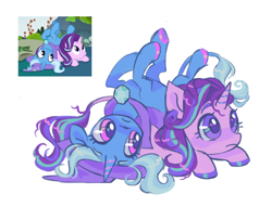 Size: 1552x1188 | Tagged: safe, artist:peaceandlove26, starlight glimmer, trixie, pony, unicorn, g4, my little pony: friendship is magic, to change a changeling, cape, clothes, cuddling, cute, diatrixes, duo, female, frown, glimmerbetes, hat, horn, legs in air, leonine tail, looking up, lying down, mare, on back, prone, scene interpretation, screencap reference, simple background, tail, trixie's cape, trixie's hat, underhoof, unshorn fetlocks, white background