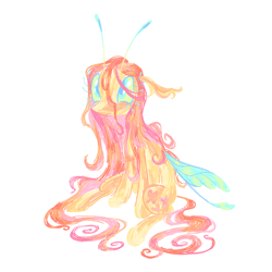 Size: 2000x2000 | Tagged: safe, artist:peaceandlove26, fluttershy, flutter pony, pony, g4, antenna, antennae, big eyes, blush lines, blushing, colored eyelashes, colored sclera, female, insect wings, long mane, mare, simple background, sitting, solo, white background, wings