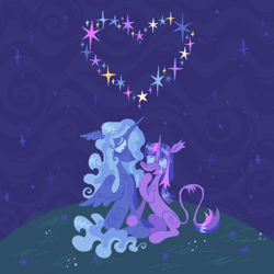 Size: 2000x2000 | Tagged: safe, artist:peaceandlove26, princess luna, twilight sparkle, pony, unicorn, g4, alternate color palette, alternate design, blushing, closed mouth, constellation, crying, duo, ear tufts, female, flower, glasses, grass, grass field, heart, hill, holding hooves, horn, leonine tail, lesbian, looking at someone, looking up, night, night sky, open mouth, pink eyes, purple eyes, ship:twiluna, shipping, sitting, sky, smiling, sparkles, spread wings, starry night, starry sky, stars, tail, teary eyes, unicorn twilight, wing ears, wings